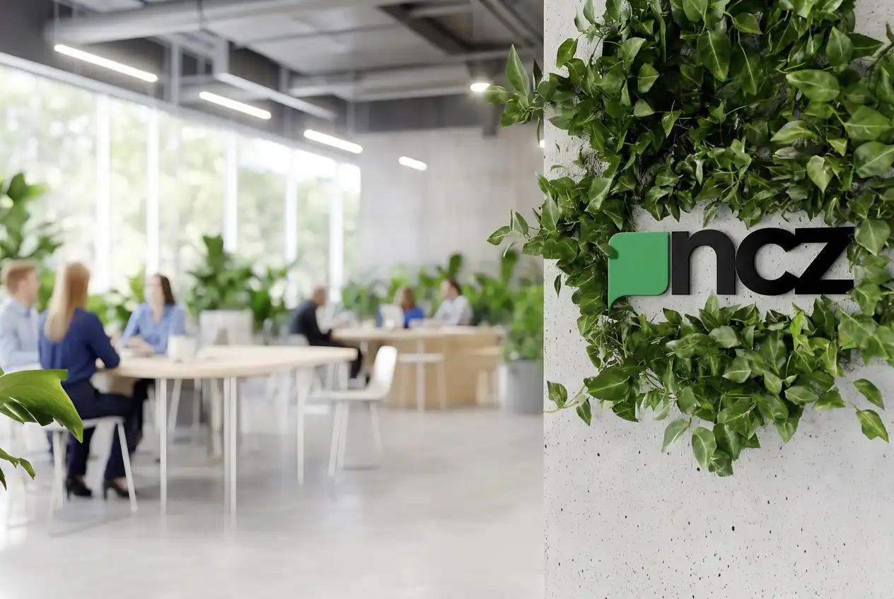 Modern office with a green living wall and NCZ logo